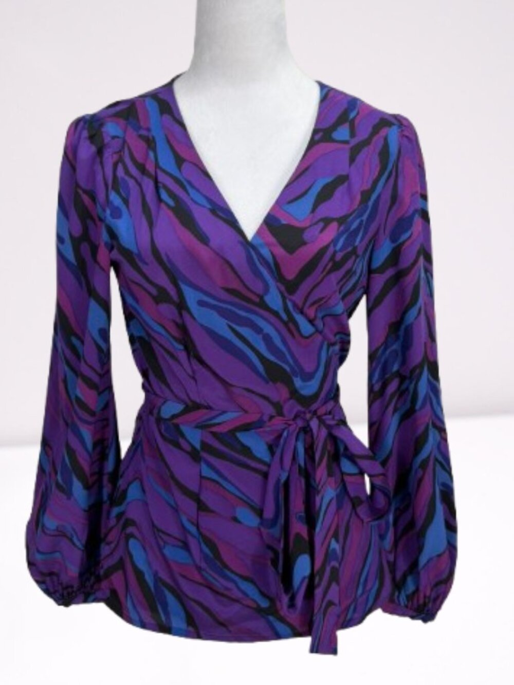 Trina Turk Silk Blend Wrap Belt Balloon Sleeve Blouse Size L